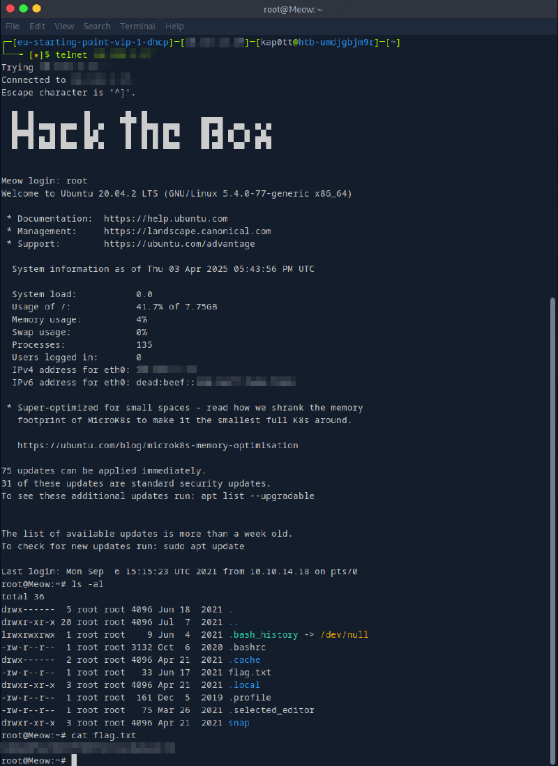 Screenshot of root on Meow
