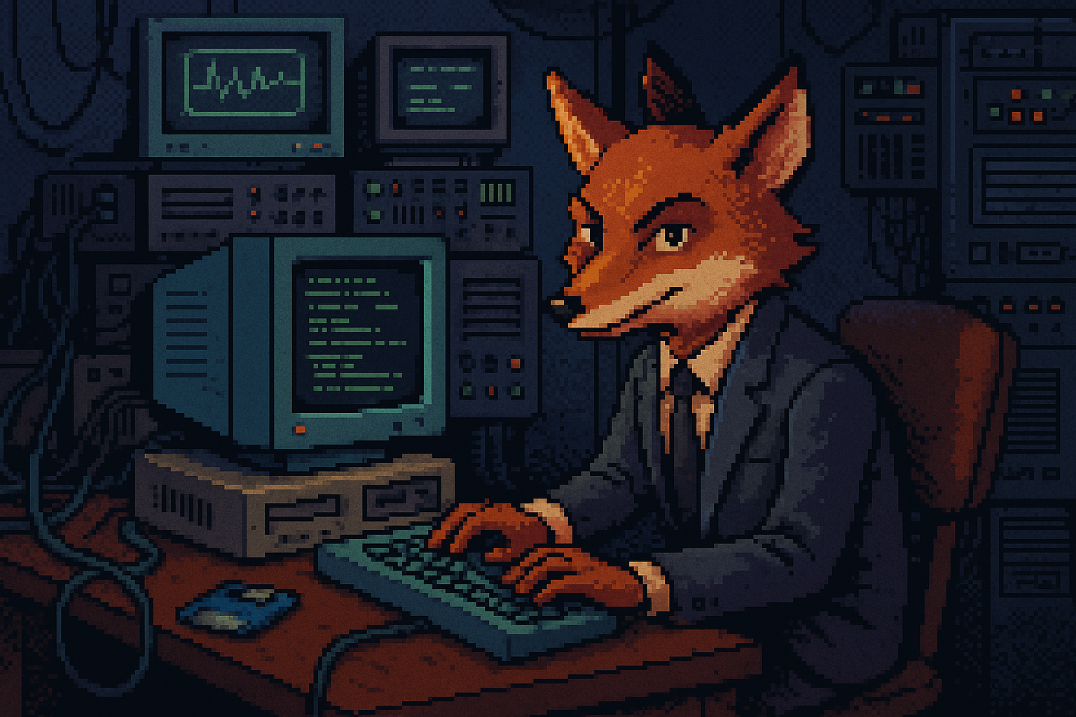 A fox typing on a keyboard, looking slyly at the camera. Old servers in the background.